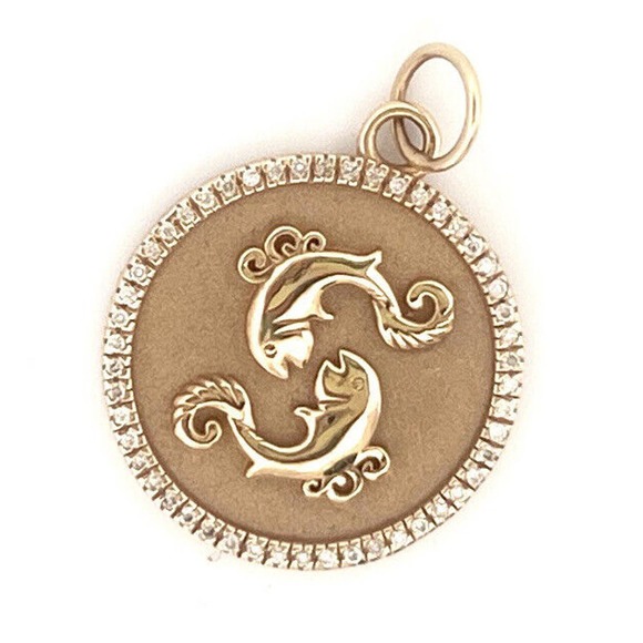 14K Solid Yellow Gold Zodiac Signs Pisces Medalion Diamonds Pendant Charm
